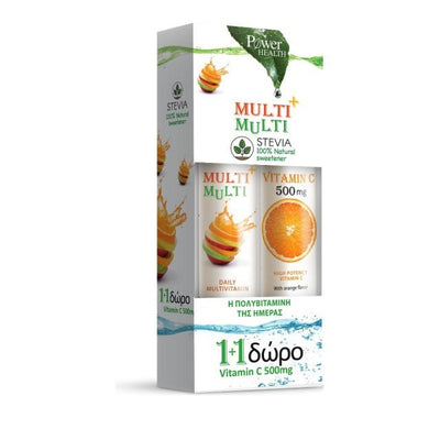 Power Health 1+1, Multi+Multi Πολυβιταμίνες με Στέβια 24 Αναβρ.Δισκία & ΔΩΡΟ Vitamin C 500mg 20 Αναβρ.Δισκία - Kamara Pharmacy